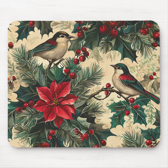 Rustic Bird and Poinsettia Christmas Pattern (13) Mouse Mat (Front)