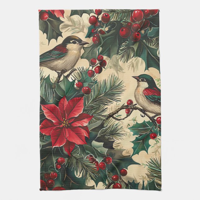 Rustic Bird and Poinsettia Christmas Pattern (13) Tea Towel (Vertical)