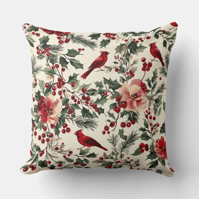 Rustic Bird and Poinsettia Christmas Pattern (14) Cushion (Front)
