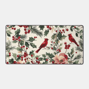 Rustic Bird and Poinsettia Christmas Pattern (14) Desk Mat