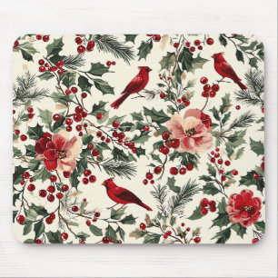 Rustic Bird and Poinsettia Christmas Pattern (14) Mouse Mat