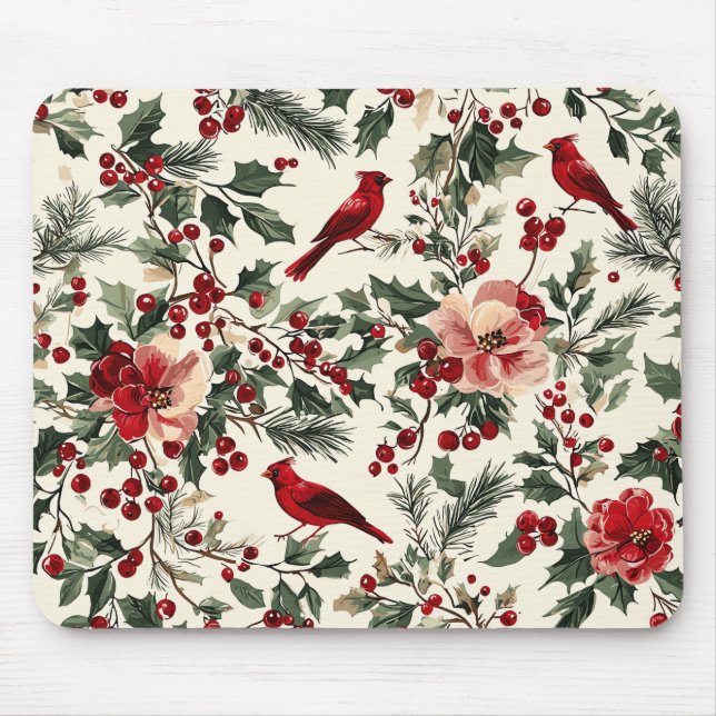 Rustic Bird and Poinsettia Christmas Pattern (14) Mouse Mat (Front)