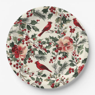 Rustic Bird and Poinsettia Christmas Pattern (14) Paper Plate