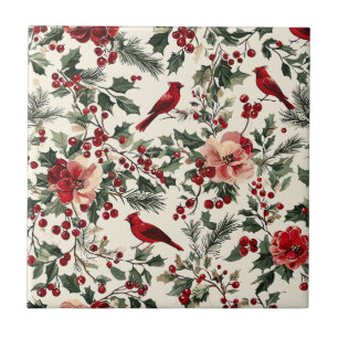 Rustic Bird and Poinsettia Christmas Pattern (14)  Tile