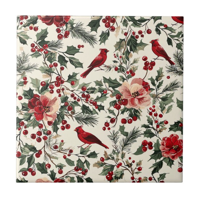 Rustic Bird and Poinsettia Christmas Pattern (14)  Tile (Front)