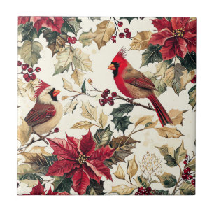 Rustic Bird and Poinsettia Christmas Pattern (15)  Tile