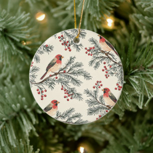 Rustic Bird and Poinsettia Christmas Pattern (16) Ceramic Tree Decoration