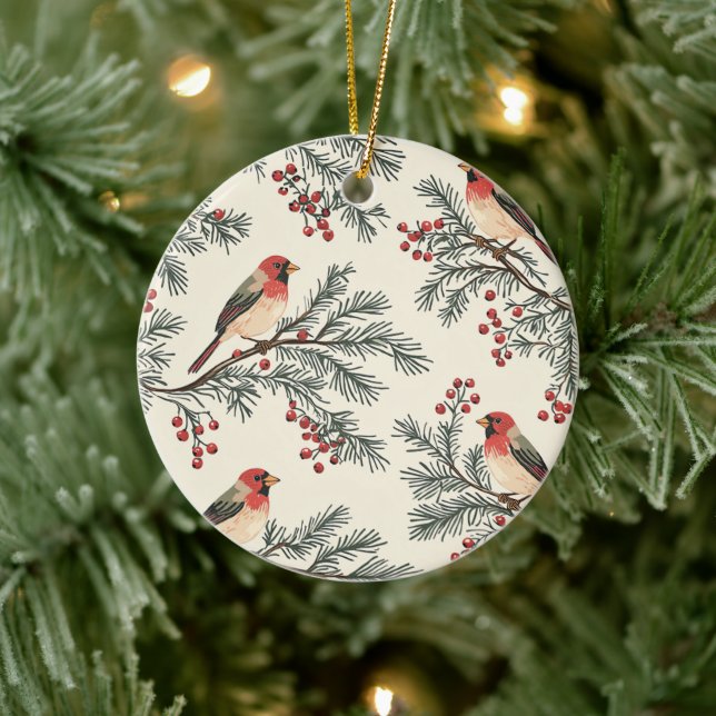 Rustic Bird and Poinsettia Christmas Pattern (16) Ceramic Tree Decoration (Tree)