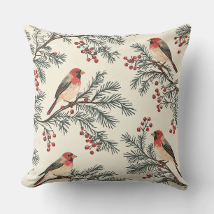 Rustic Bird and Poinsettia Christmas Pattern (16) Cushion
