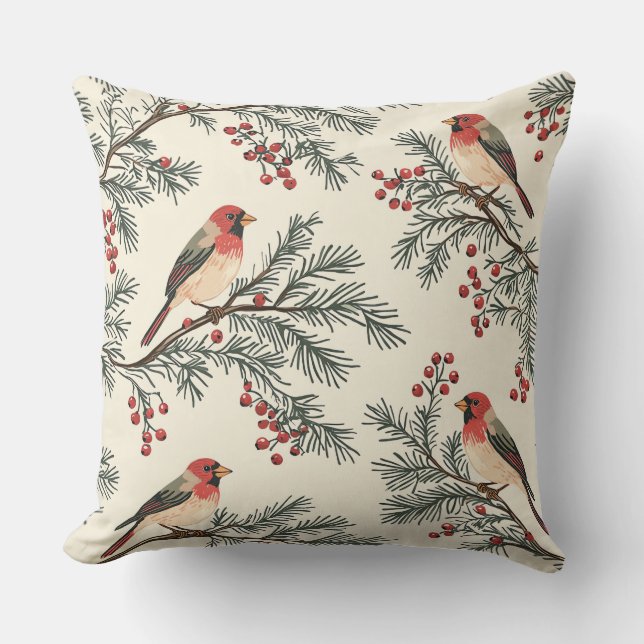 Rustic Bird and Poinsettia Christmas Pattern (16) Cushion (Front)