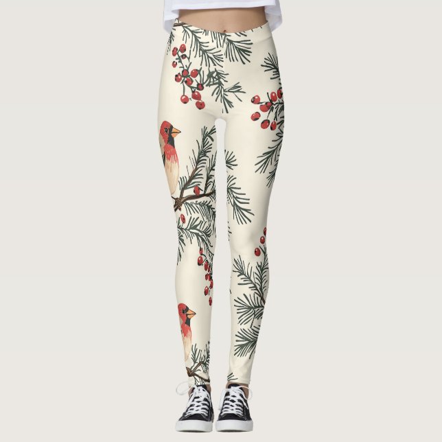 Rustic Bird and Poinsettia Christmas Pattern (16) Leggings (Front)