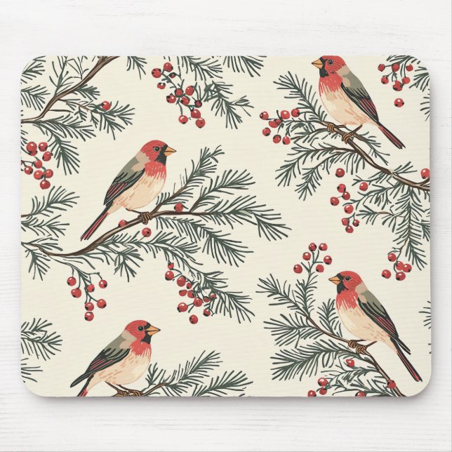 Rustic Bird and Poinsettia Christmas Pattern (16) Mouse Mat (Front)