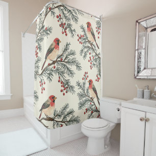 Rustic Bird and Poinsettia Christmas Pattern (16) Shower Curtain