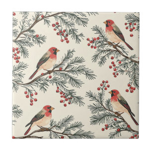 Rustic Bird and Poinsettia Christmas Pattern (16) Tile