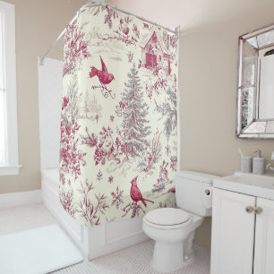 Rustic Bird and Poinsettia Christmas Pattern (17) Shower Curtain