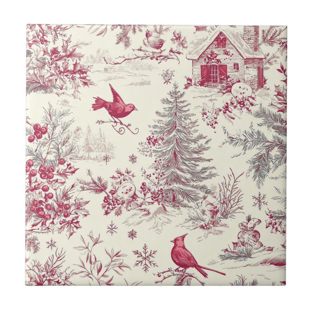 Rustic Bird and Poinsettia Christmas Pattern (17)  Tile (Front)