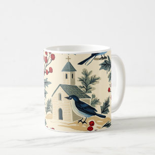 Rustic Bird and Poinsettia Christmas Pattern (18) Coffee Mug