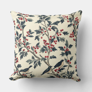 Rustic Bird and Poinsettia Christmas Pattern (18) Cushion