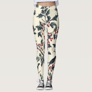 Rustic Bird and Poinsettia Christmas Pattern (18) Leggings
