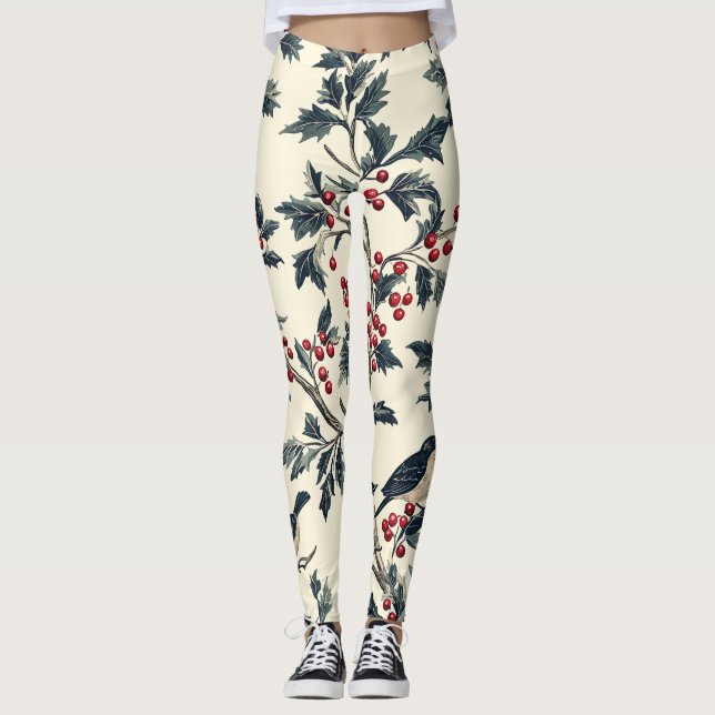 Rustic Bird and Poinsettia Christmas Pattern (18) Leggings (Front)