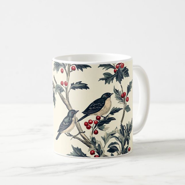 Rustic Bird and Poinsettia Christmas Pattern (19) Coffee Mug (Front Right)