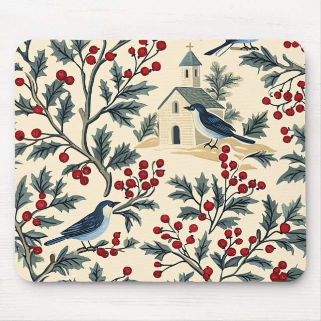 Rustic Bird and Poinsettia Christmas Pattern (19) Mouse Mat (Front)