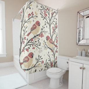 Rustic Bird and Poinsettia Christmas Pattern (1) Shower Curtain