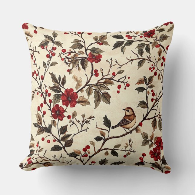 Rustic Bird and Poinsettia Christmas Pattern (22) Cushion (Front)