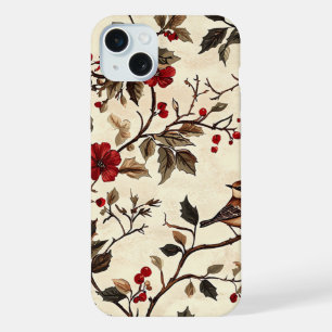Rustic Bird and Poinsettia Christmas Pattern (22) iPhone 15 Plus Case