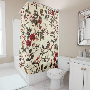 Rustic Bird and Poinsettia Christmas Pattern (22) Shower Curtain