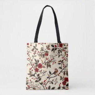 Rustic Bird and Poinsettia Christmas Pattern (22) Tote Bag