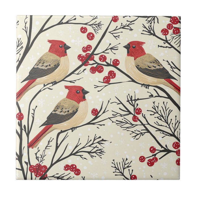 Rustic Bird and Poinsettia Christmas Pattern (3)  Tile (Front)