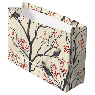 Rustic Bird and Poinsettia Christmas Pattern (4) Large Gift Bag