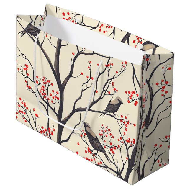 Rustic Bird and Poinsettia Christmas Pattern (4) Large Gift Bag (Front Angled)