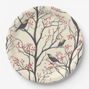 Rustic Bird and Poinsettia Christmas Pattern (4) Paper Plate