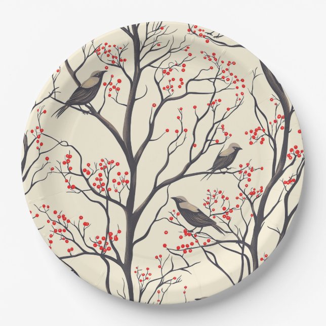 Rustic Bird and Poinsettia Christmas Pattern (4) Paper Plate (Front)