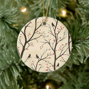 Rustic Bird and Poinsettia Christmas Pattern (5) Ceramic Tree Decoration