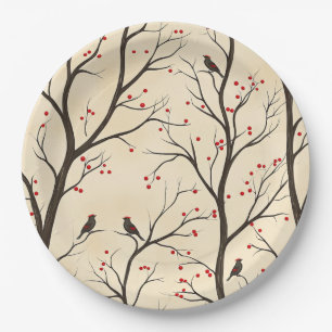 Rustic Bird and Poinsettia Christmas Pattern (5) Paper Plate