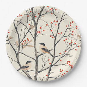 Rustic Bird and Poinsettia Christmas Pattern (6) Paper Plate