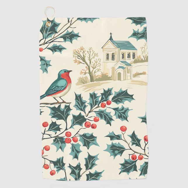 Rustic Bird and Poinsettia Christmas Pattern (7) Golf Towel (Front)