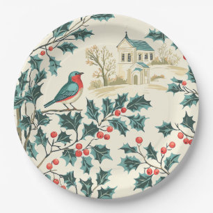 Rustic Bird and Poinsettia Christmas Pattern (7) Paper Plate