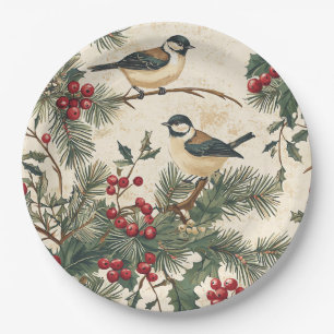 Rustic Bird and Poinsettia Christmas Pattern (8) Paper Plate