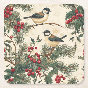 Rustic Bird and Poinsettia Christmas Pattern (8) Square Paper Coaster