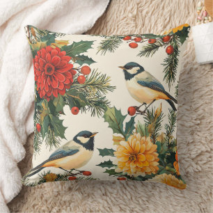 Rustic Bird and Poinsettia Christmas Pattern (9) Cushion