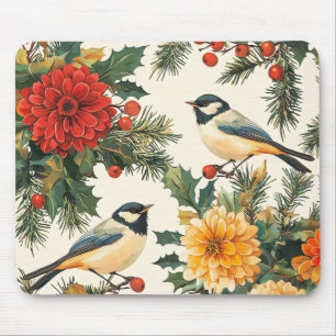 Rustic Bird and Poinsettia Christmas Pattern (9) Mouse Mat