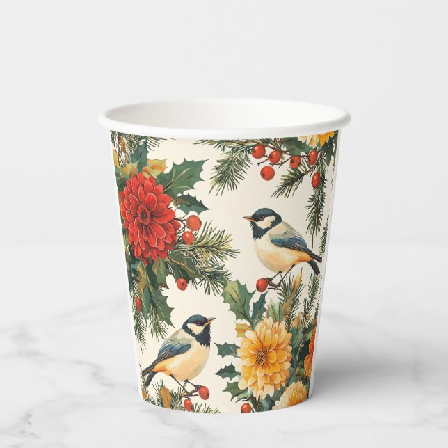 Rustic Bird and Poinsettia Christmas Pattern (9) Paper Cups (Back)
