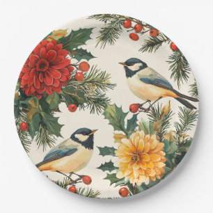 Rustic Bird and Poinsettia Christmas Pattern (9) Paper Plate