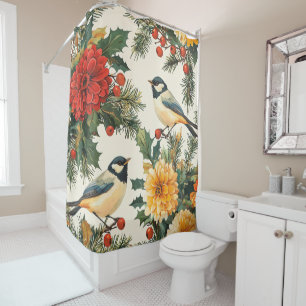 Rustic Bird and Poinsettia Christmas Pattern (9) Shower Curtain