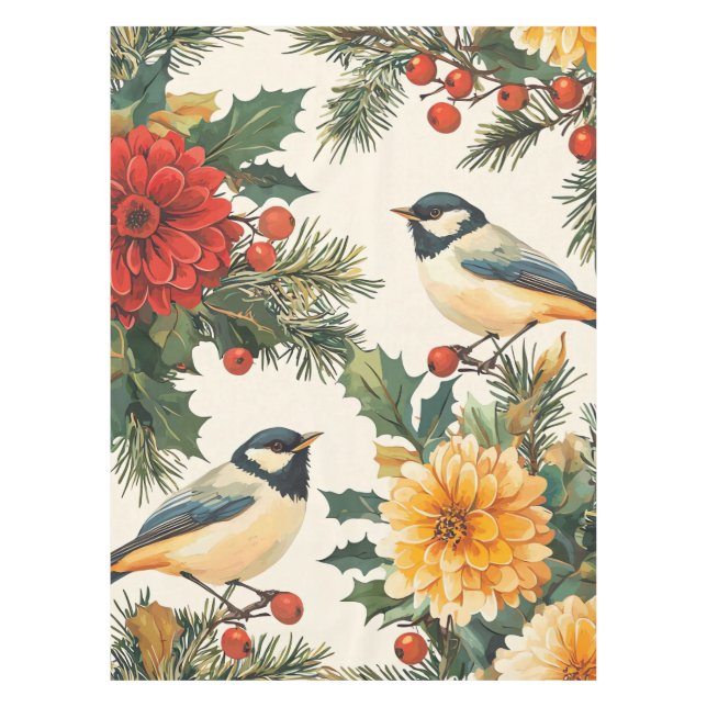 Rustic Bird and Poinsettia Christmas Pattern (9) Tablecloth (Front)