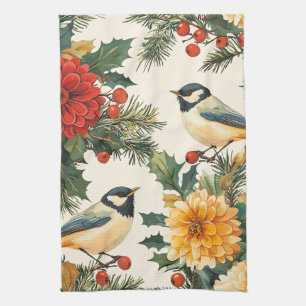 Rustic Bird and Poinsettia Christmas Pattern (9) Tea Towel